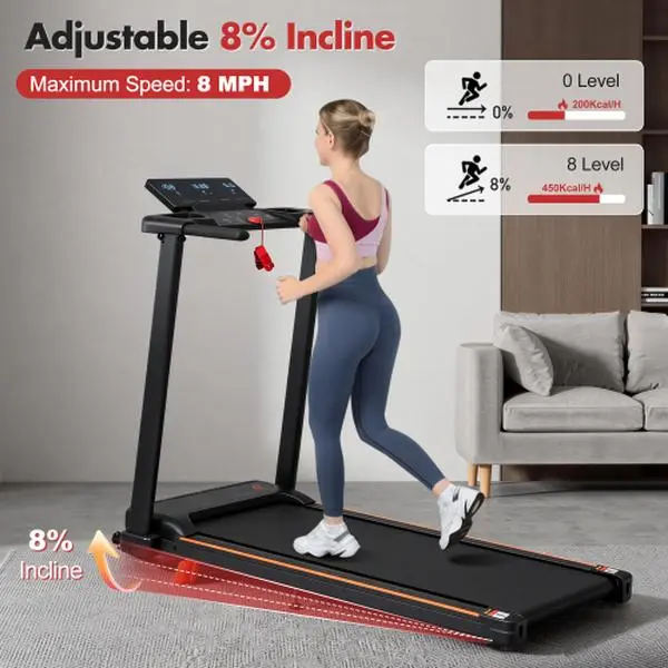 SAYGOGO Incline Walking Treadmill for Home, 3.0HP Foldable Portable Treadmill with 8% Incline, Handle, 4 Adjustable Support Legs and 265 Lbs Weight Capacity, Treadmills For Home