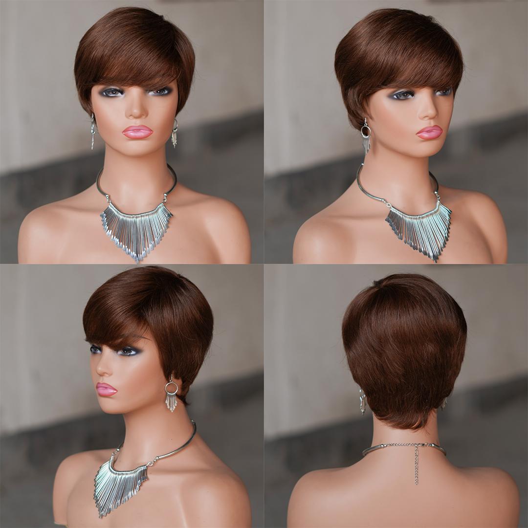 "Glueless Short Pixie Cut Wig With Bangs 180% Density Brazilian Virgin Human Hair P1B/99J 6 Inch Layered Natural Look Full Machine Made Wig Caps For Daily Party & Salon Use "	
