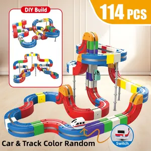 Electric Train Set for Kids Mix-and-Match Cubes Track Embedded Layouts with Motorized Train and Road Signs Magnetic Train Track Set Creative Building Toy Gift for Boys Girls 3 4 5 6 7 8 Years Old car track magnetic train set magic rail block games