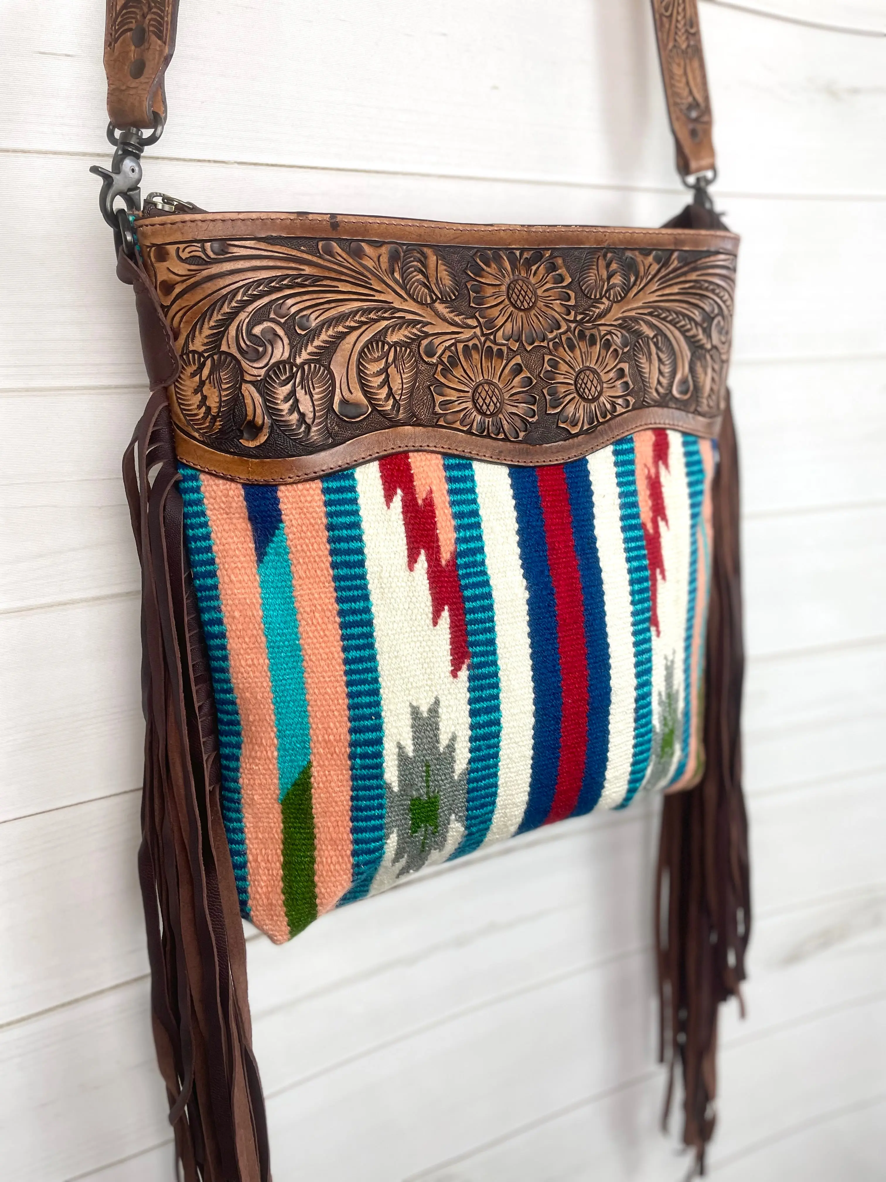 SALE! Peach & Teal Serape Pattern Wool & Leather Handbag