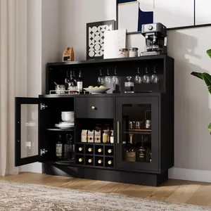 Garvee 47.24" Wine Bar Cabinet with LED Lights, Coffee Bar Stand Holding 9-15 Glasses & 8 Bottles, Modern Furniture for Living Room, Kitchen, and Dining Room