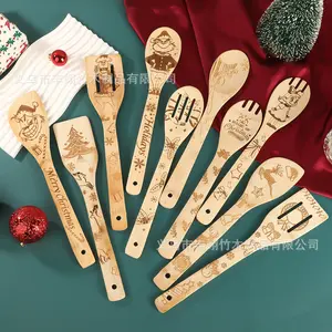 Cross-Border Wooden Spoon Laser Engraving Christmas Tableware Kitchen Utensils Cooking Spatula Bamboo Daily Use Kitchen Spatula Kitchenware