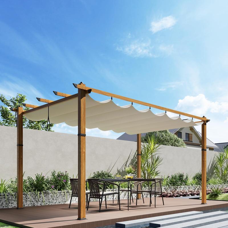 GARVEE 10' X 13' Retractable Pergola Canopy with Natural Wood Like Frame for Backyards, Gardens, Patios, Outdoor Pergola with Sun Shade Canopy,Beige