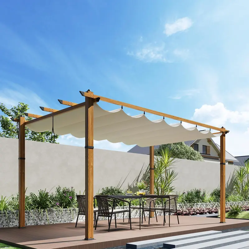 GARVEE 10' X 13' Retractable Pergola Canopy with Natural Wood Like Frame for Backyards, Gardens, Patios, Outdoor Pergola with Sun Shade Canopy,Beige