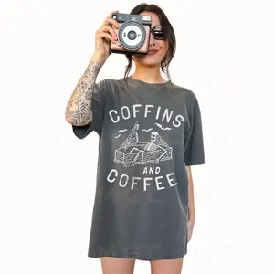 Graphic Tee - Coffins and Coffee Shirt, skeleton halloween shirt, coffee lover gift, oversized coffee shirt, grunge shirt
