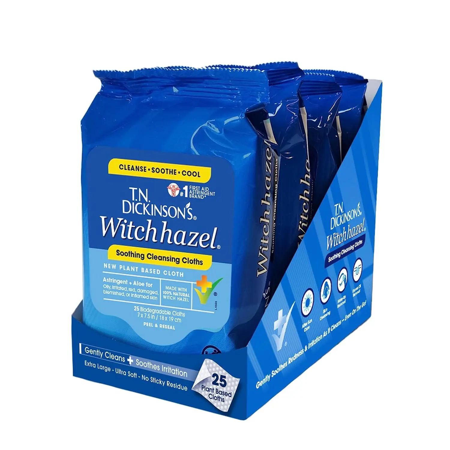 Natural Witch Hazel Soothing Residue-Free Multi-Use Cleaning Cloths - 1 Count Pack of 4 (25 Cloths Per Pack), White, All Seasons, for Face, Skin Irritation Relief