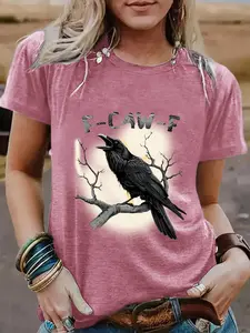 Women's Raven & Letter Print Round Neck Tee, Fashion Casual Crew Neck T-Shirt for Daily Holiday Vacation Outdoor Wear, Ladies Clothes for Summer