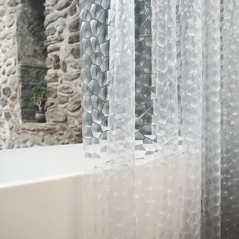 Peva Material Transparent Bath Curtain, Waterproof 3D Effect Shower Curtain, Multiple Sizes, Metal Hooks at Top, Shower Curtain Plastic, Bathroom Accessories