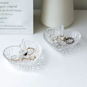 Vintage Heart Design Clear Glass Ring Dish, Jewelry Holder Tray, Set of 2