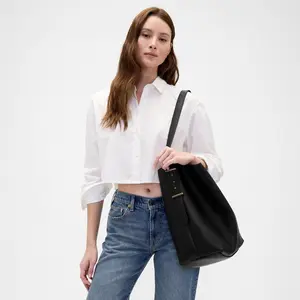 Vegan Leather Bucket Tote Bag - Elegant Practical Design with Adjustable Strap & Snap Button Closure - 100% Synthetic Leather - 11.5" L x 6.5" W x 14.5" H - Ideal for Everyday Use