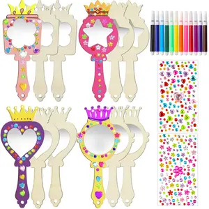 Set of 12 Wooden Crown Mirrors with Colorful Markers, DIY Hand-Painted Princess Mirror Crafts, Art Supplies for Kids & Adults, Art Stickers, DIY Material, DIY Craft Kit
