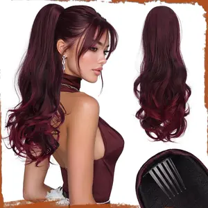 Drawstring Ponytail Extension for Women 24 Inch Comb Clip in Wavy Clip  Hairpiece Layered  Thick Pony Tails Hair Extension Synthetic Hairpieces for Daily Use - Ombre  Red