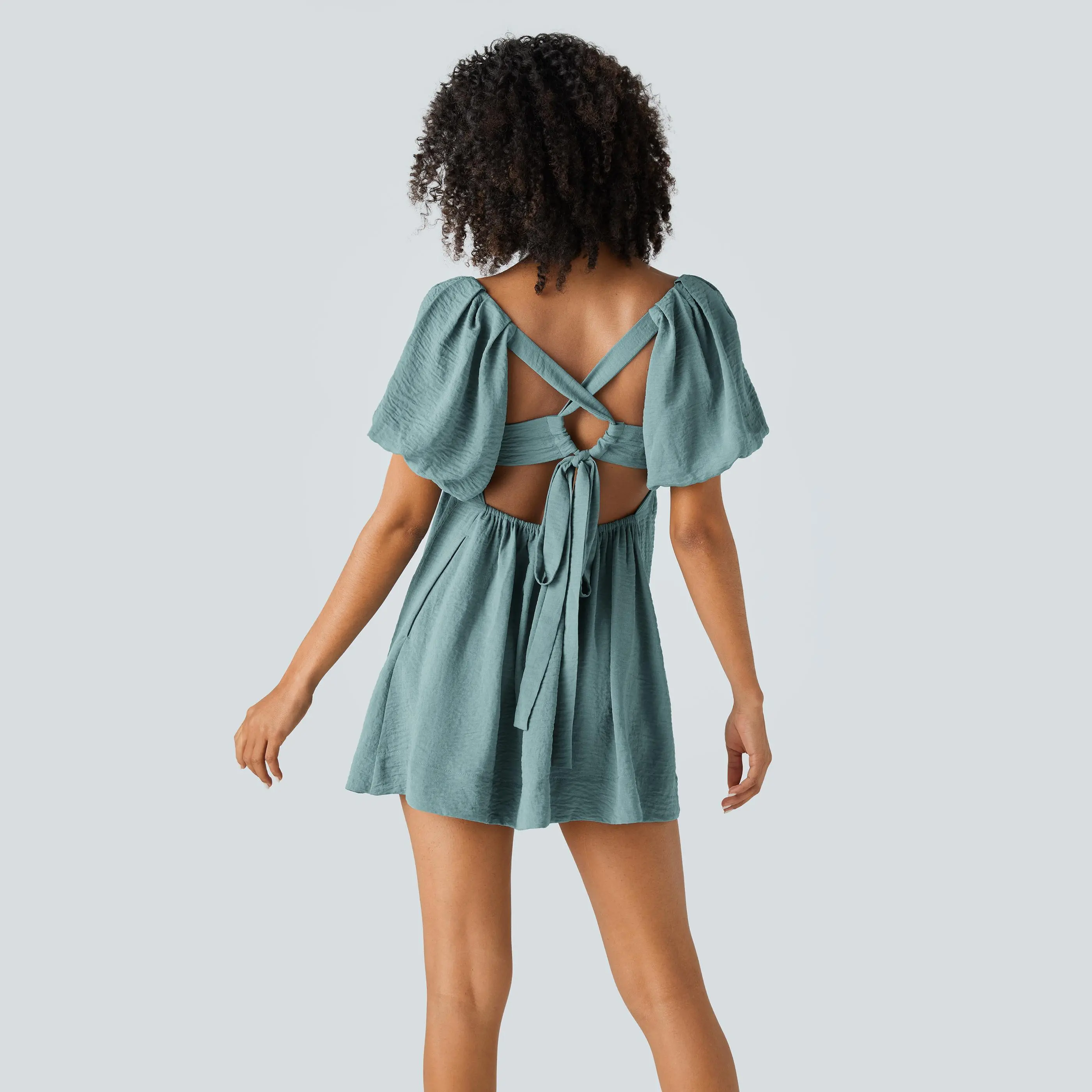 Halara Backless Lace Up Square Neck Puff Sleeve Side Pocket Casual Linen-Feel Babydoll Dress #BackToSchool