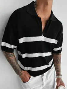 Men's New Casual Loose Fit Striped Polo Neck Zipper Knit Top, Spring Summer Short Sleeve T-Shirt, Versatile Korean Style, Knitted Polo Shirts, Classic