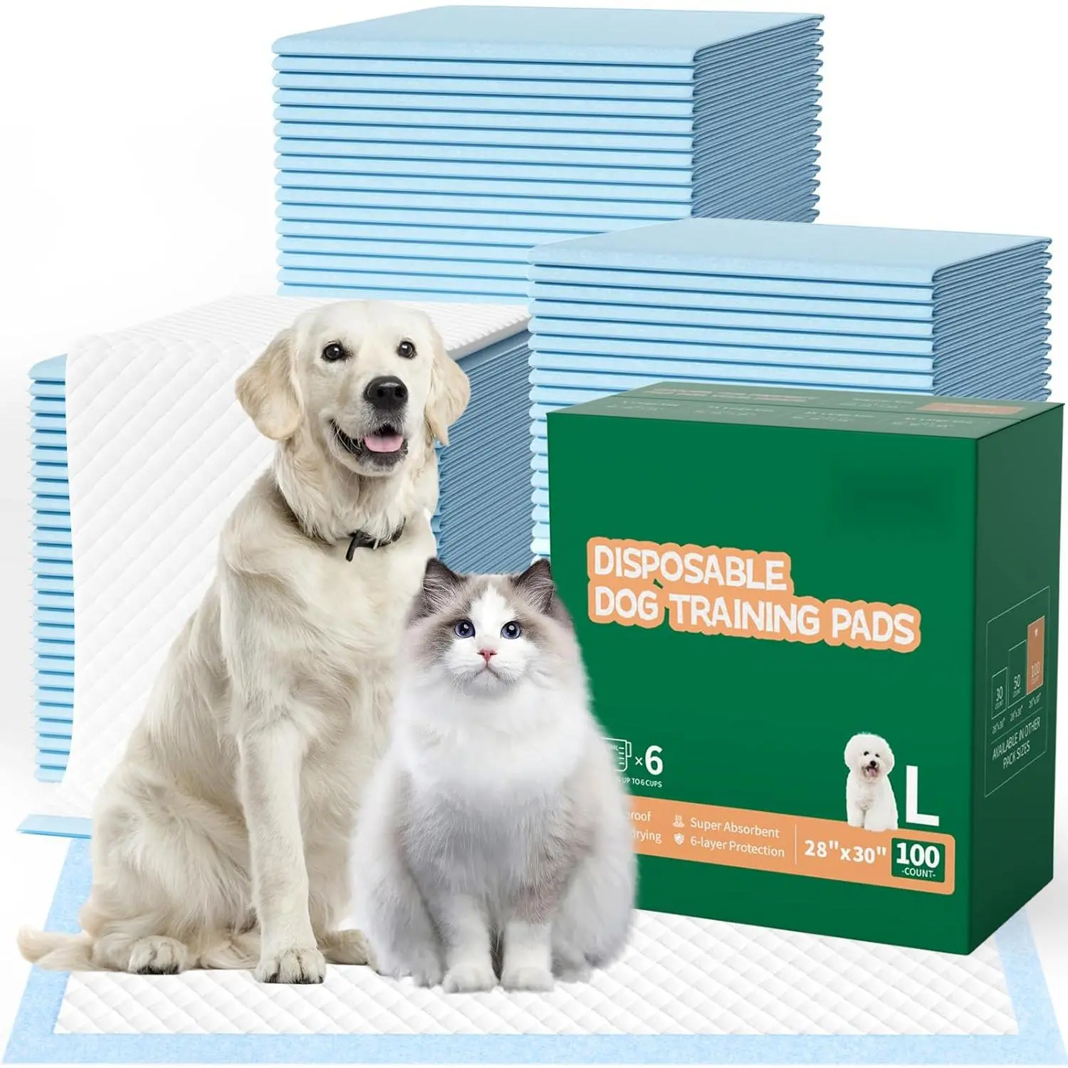100 Count Large Dog & Cat Puppy Pee Pads - 28"x30" Absorbent Potty Training Pads |   Leakproof Quick-Dry Disposable Pet Pads for Puppies, Dogs & Cats |   Indoor, Outdoor, Litter Box, Housebreaking Use