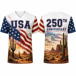 USA 250th Anniversary Patriotic V-Neck Sports Shirt for Men Women, American Flag Desert Cactus Graphic Tee, Red White Blue Short Sleeve 4th of July Top
