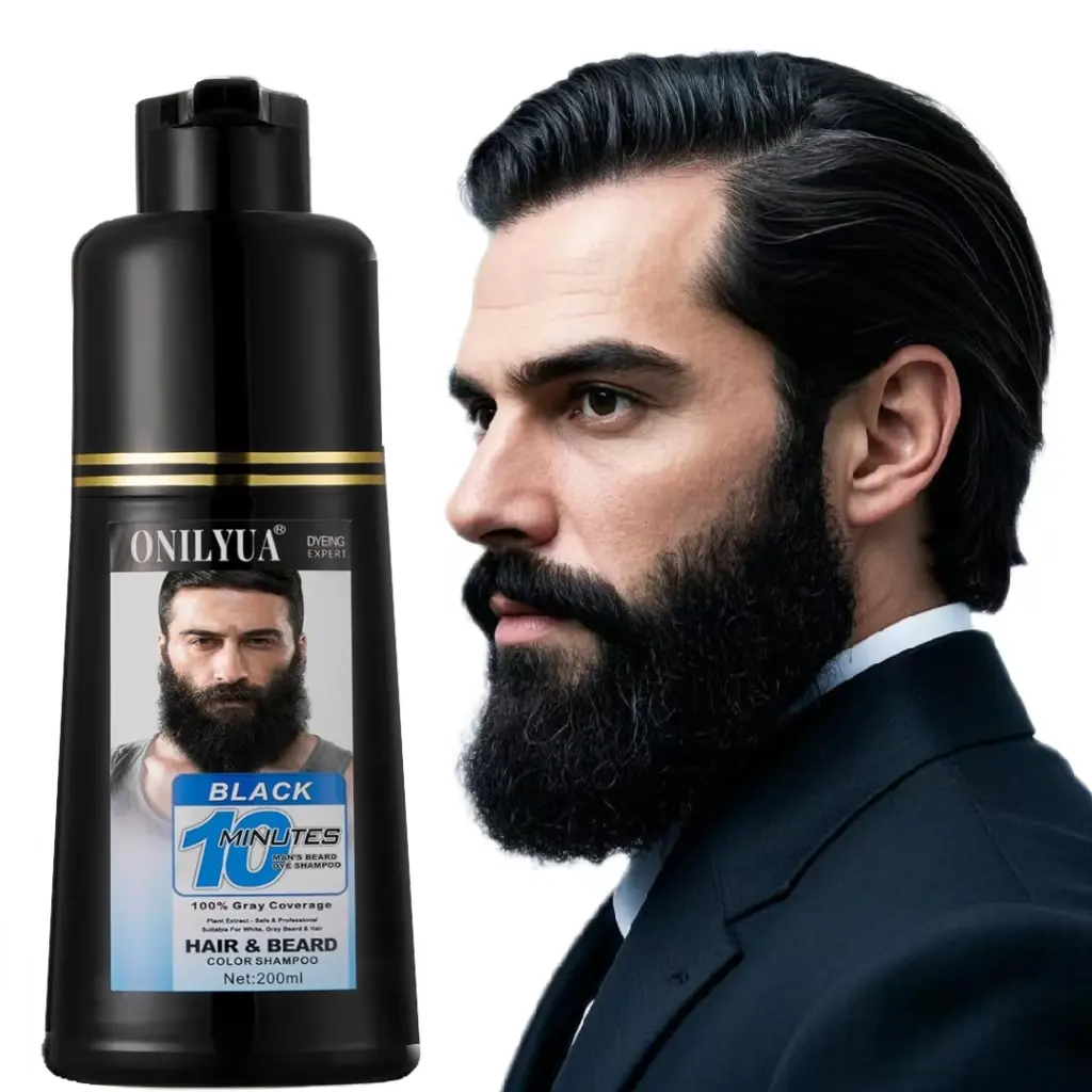 Men's 3-in-1 Black Liquid Beard & Hair Dye Shampoo - Gentle Cleanse, No Fuss, 20-Min Instant Grey Darkening, Thicker Beard, Plant Extracts, Single Mustache & Haircare Product