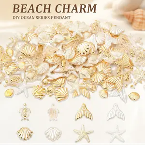 50Pcs Bohemian Ocean Animal Beads Set Chic Bulk Shell Starfish Seahorse Turtle Tail Style DIY Handmade Crafts Fashion Gradient Color for Jewelry Making Bracelets Earrings Necklaces Jewelry Accessories