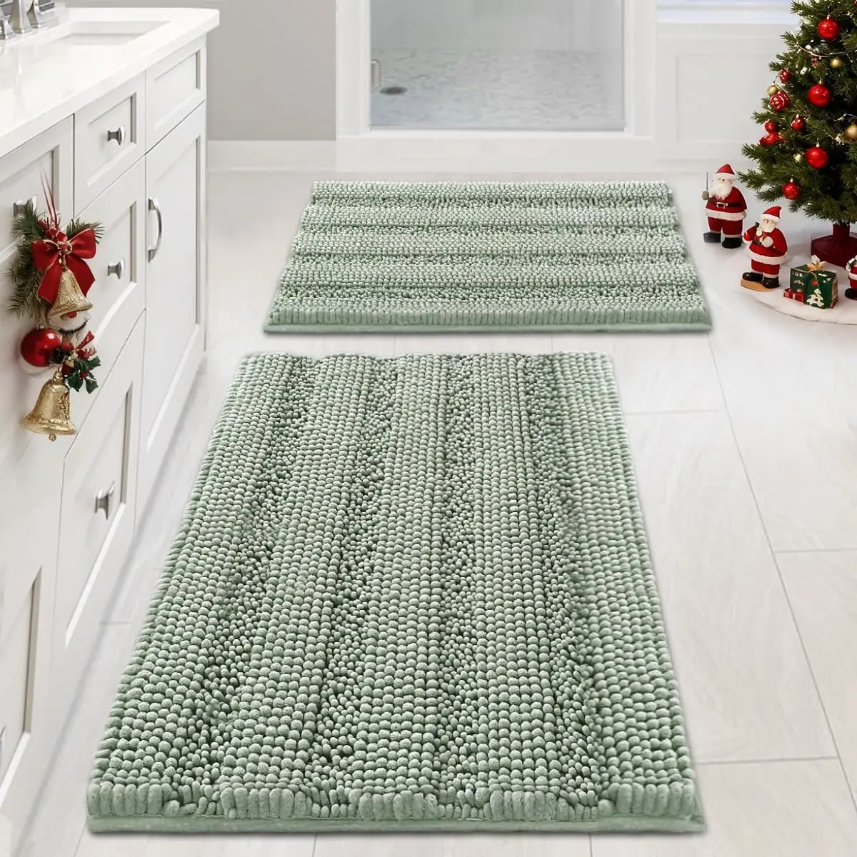 Sage Bathroom Rugs, Bath Mat Set of 2 Extra Thick Chenille Striped Pattern Shaggy Bath Rugs for Bath Room, Non Skid Bath Mats for Bathroom Floor (32 x 20 Plus 24 x 17 - Inches)