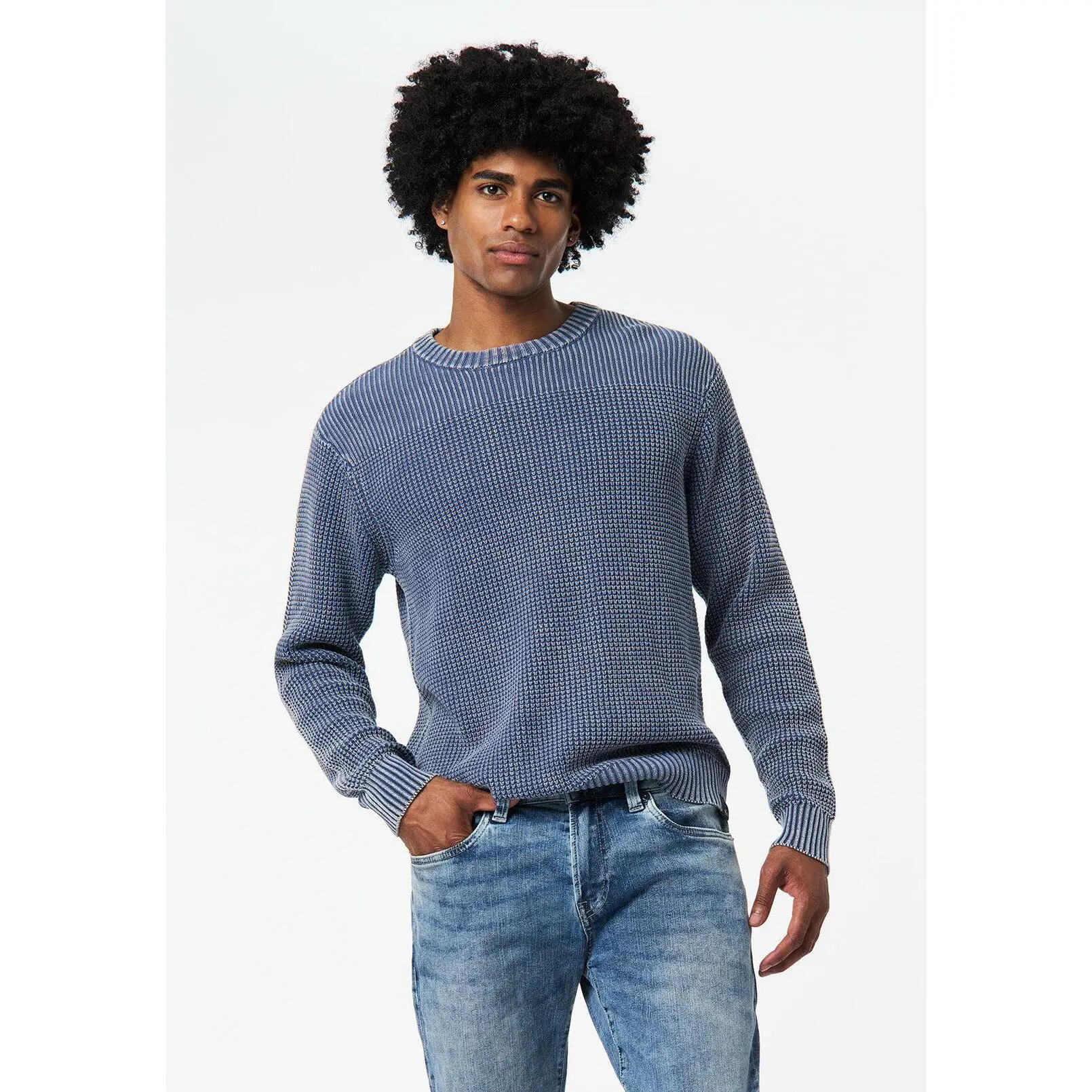 Washy Men's Textured Knit Crewneck Sweater, Whale - BM24698