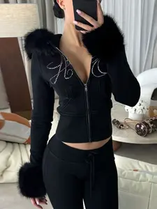 Women's Fitted Long Sleeve Hoodie Jacket, Artificial Fur Patchwork Design, Rhinestone Letter Print, Casual Fall Winter