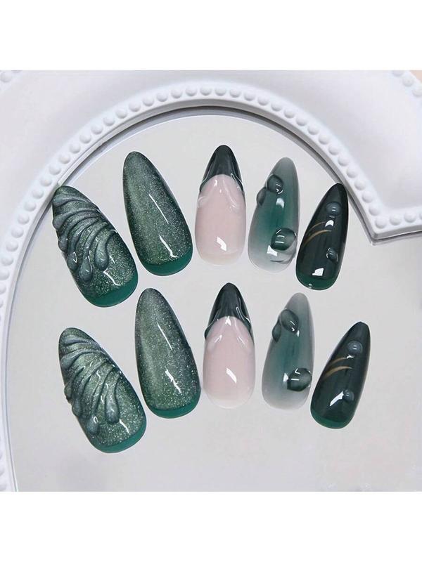 [Chic Cat-Eye Nails] Glossy Green Marble French Cat-Eye Press-On Nails| Medium Almond Shape, Removable Fake Nails With Teal & White Vein Design For A Chic, Cold Look