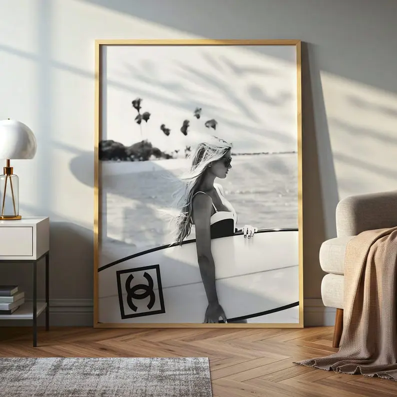 Vintage Surf Girl Black and White Photography Wall Poster, Old Summer Beach Photo Art Print