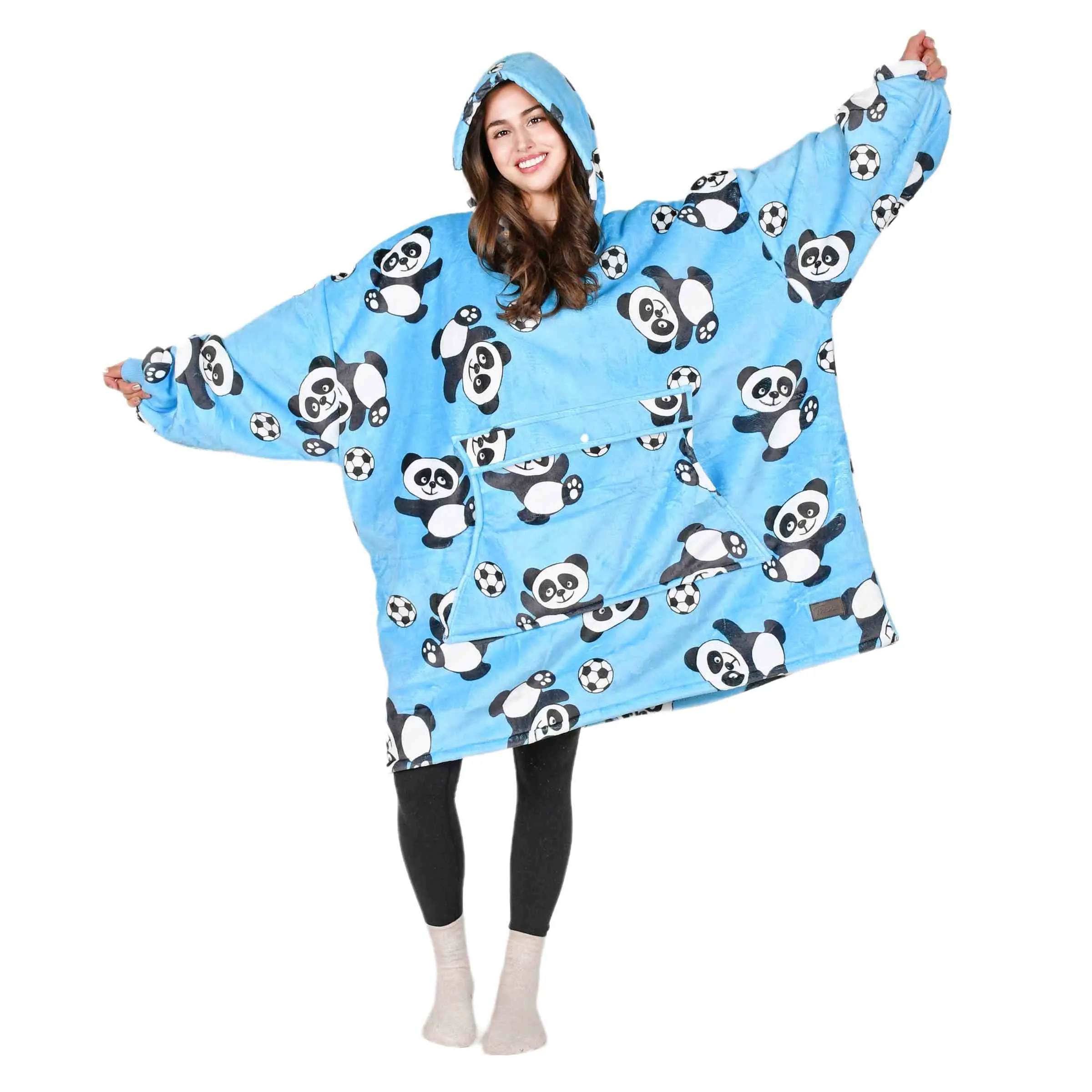Blue Soccer Panda Oversized Double Layer Hoodie Blanket