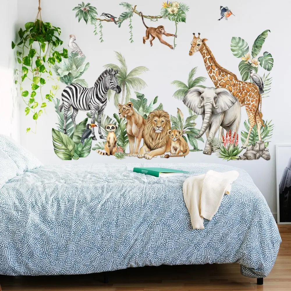 2D Flat Set of 4 Pcs 30×90cm Primitive Forest Animals & Tropical Plants Glossy Frosted New Craft Wall Stickers for Home Background Decor