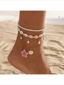 2026 Trending Boho Beaded Seashell Anklet Set Multi-Layer Pearl & Flower Charm Ankle Bracelets Beach Vacation Foot Jewelry for Women Bohemian Stackable Anklets