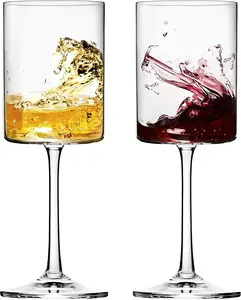 14oz Wine Glasses Set of 2, Square Wine Glasses for Red Wine, Crystal Modern Stemmed Glassware