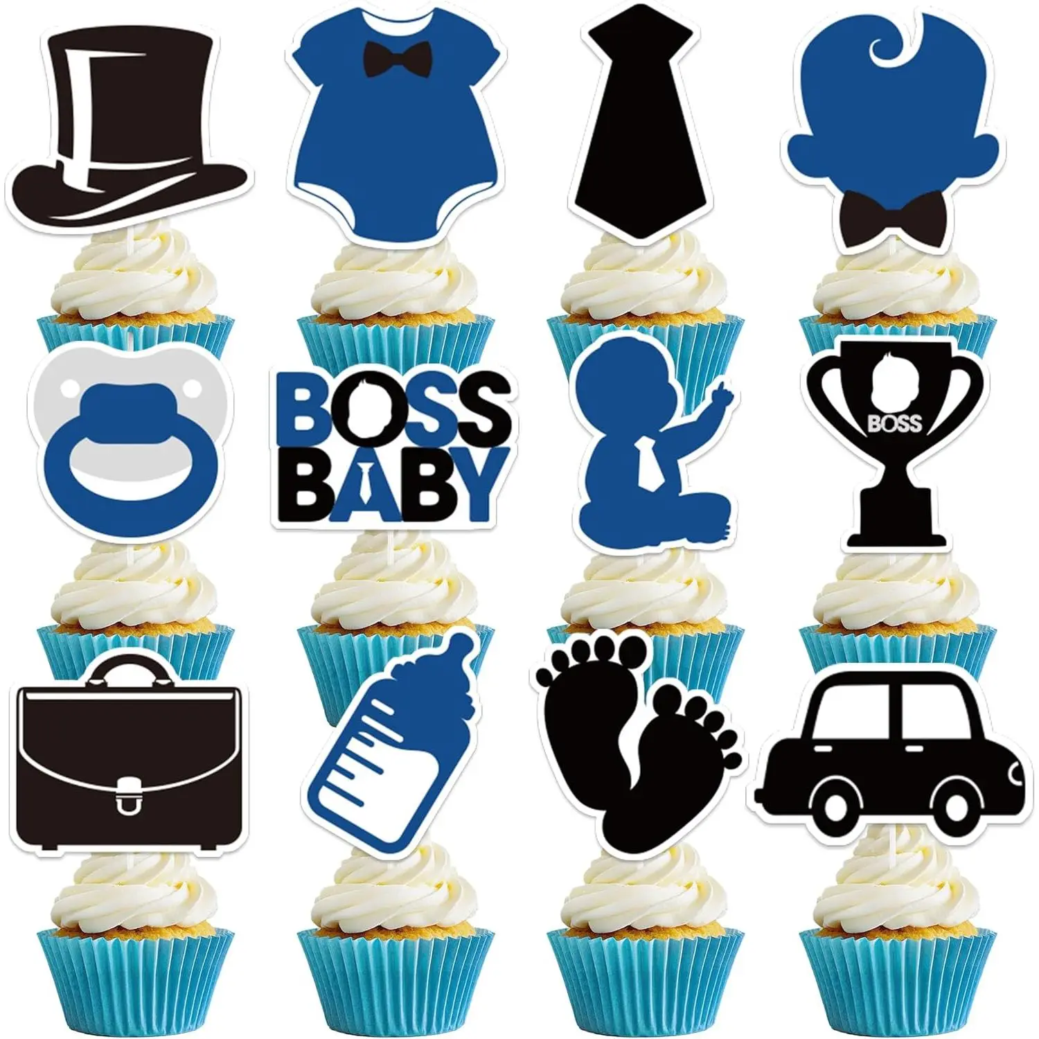 24-Piece Print Playful Boss-Themed Paper Baby Shower Cupcake Toppers, Black & Blue Dessert Insert Picks for Boys' 1st Birthday, Gender Reveal Cake Decorations Supplies