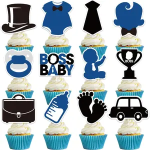 Baby shower cupcake toppers 24 pcs cute boss happy birthday decorations for boys 1st black edible gender reveal cake supplies for kids blue first party paper dessert insert picks decors