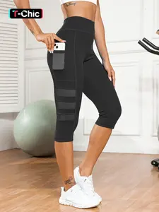 Women's High Waist Mesh Patchwork Pants with Pockets, Knee-Length Elastic Yoga Leggings, Side Pocket Leggings, Tight Leggings, Comfortable Fit for Active Lifestyle, High Waist Sports