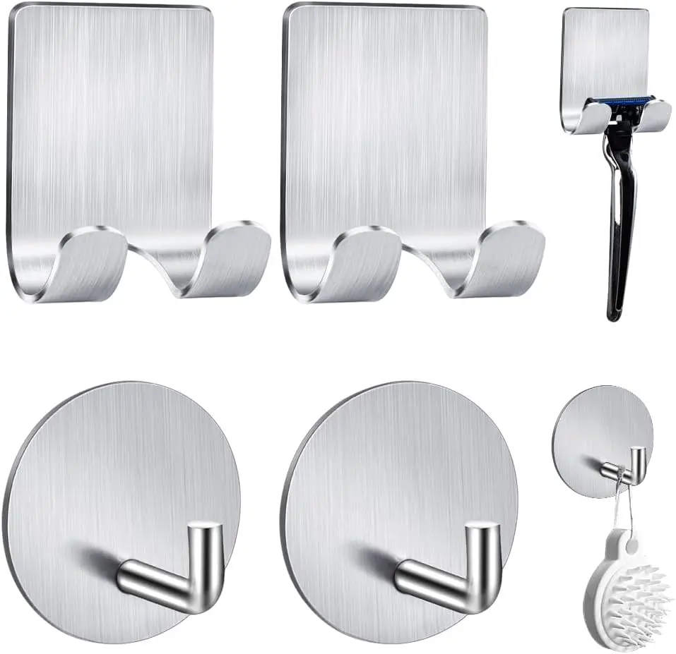2-Pack Razor Holder For Shower + 2-Pack Adhesive Wall Hooks, 304 Stainless Steel Self Adhesive Shower Razor Holder And  Sticky Hooks For Bathroom Kitchen Organize Towels, Clothes, Hats