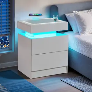 LED Nightstand with Charging Station, Floating Modern Black Bedside Table with Drawers, Smart Night Stand with Wireless Charging, USB/Type-C Ports & RGB Lights, White