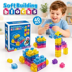 40pcs Squishy Blocks for Toddlers, Soft Jelly Building Blocks, Sensory Toys for 3+ Year Old Kids, Non-Toxic Silicone, Birthday Gift