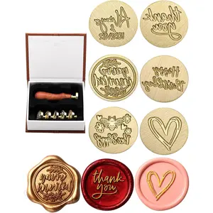 Wax Seal Stamp Gift Box Kit, 6 Pieces Blessing Sealing Wax Stamp Heads with 1 Wooden Hilt Set, for Envelopes Invitation Card Gift Decoration (Phrases Series)