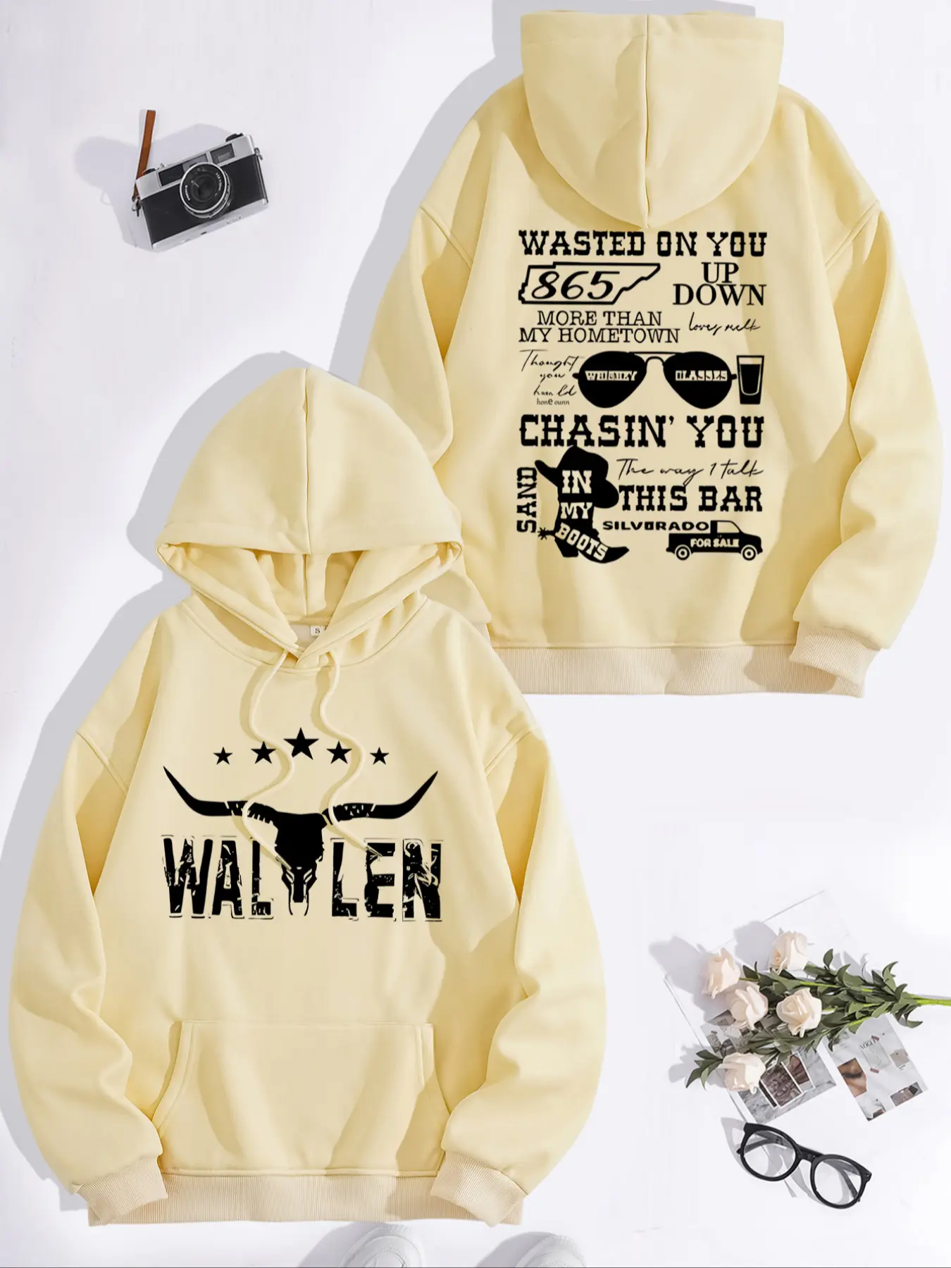 Women's Casual Wal Len Horn Pattern Hoodie with Front Pocket, Comfortable Winter Pullover, Fall & Winter Fashion