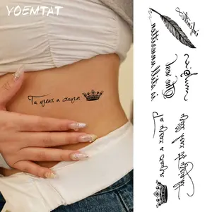 2pcs Waterproof Temporary Tattoo Sticker Black Crown Feathers Infinite Handwriting Font Short Words Short Sentences Simple Lines Pattern Body Art Arm Fake Tattoos Sleeve For Women Men Wrists Neck Legs Ankles Hands, Waterproof Realistic Tattoos