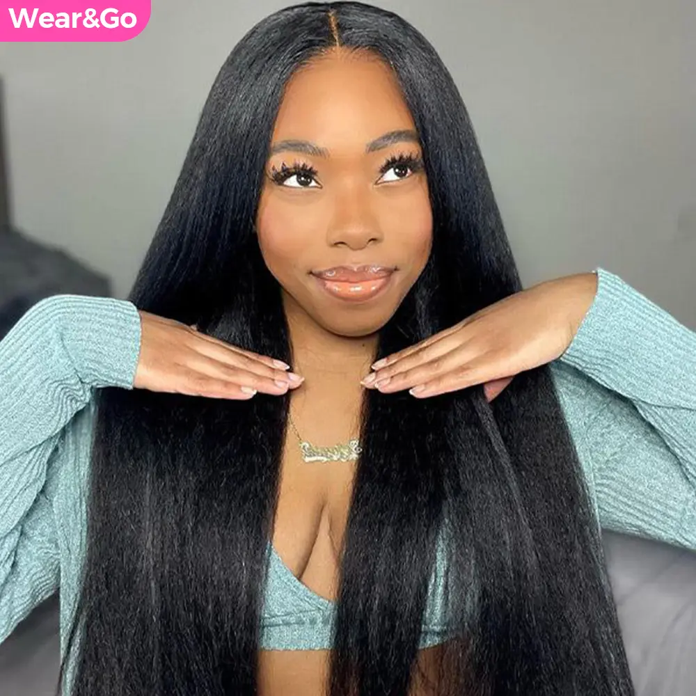 CurlyMe 9x6 Skin Lace Yaki Straight Human Hair Wear Go Glueless Wig Versatile Open Densign Pre plucked Natural Black Shipping in 24H