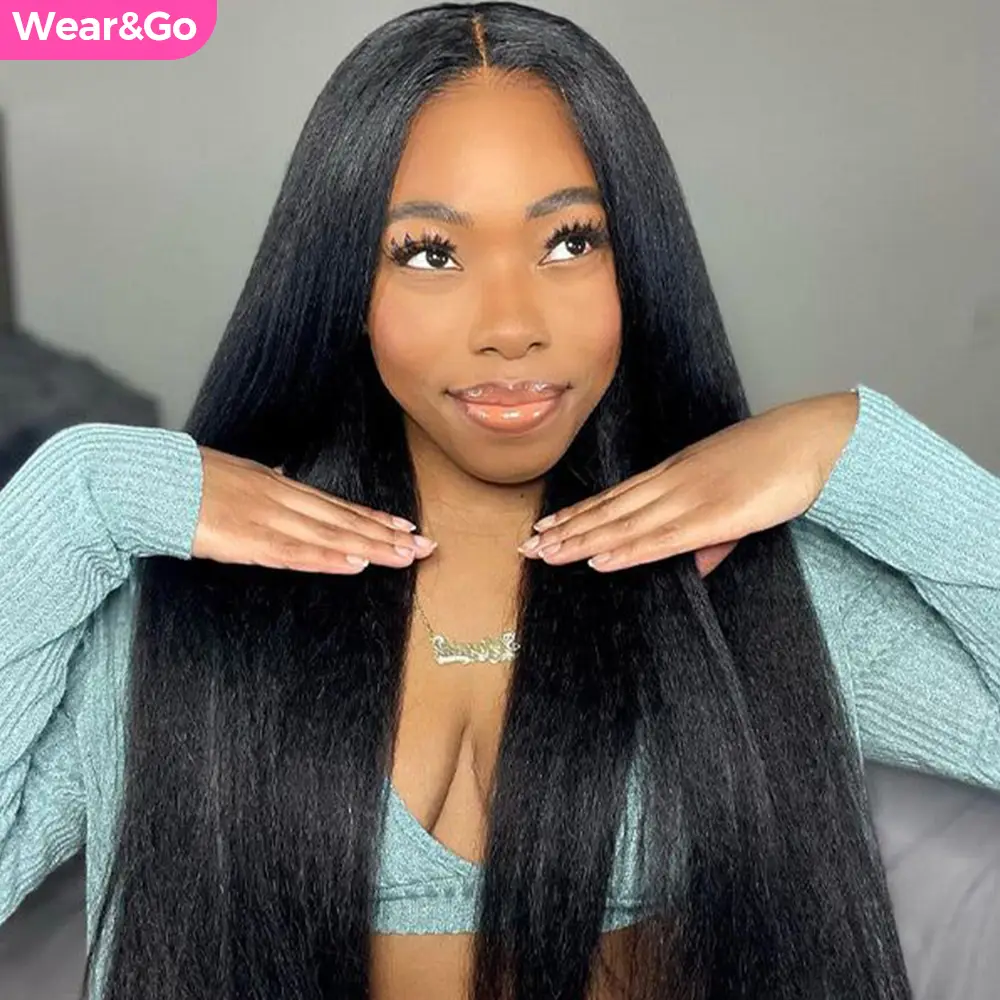 [Clearance Sale] CurlyMe Pre-Bleached Wear Go Yaki Straight 7x5 Pre-cut HD Lace Closure Wig Pre plucked Natural Black Shipping in 24H
