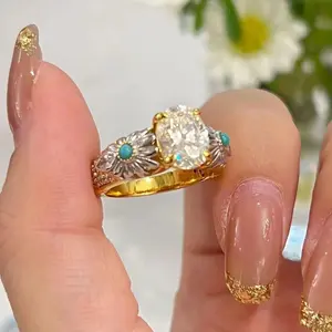 Light luxury retro flower daisy rings for women fashion and high-end luxurious unique turquoise ring gardens style jewelry gift