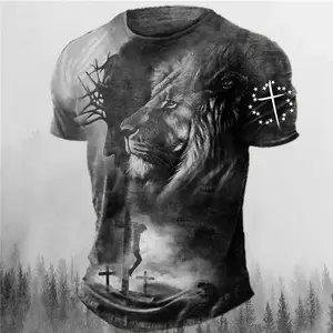 Men's Short-Sleeve T-Shirt: Vintage Grayscale Ink-Wash Forest Background, Male Lion, Thorns, Portrait, and Cross – A Loose, Casual Top for Christian Men with a Rugged Style