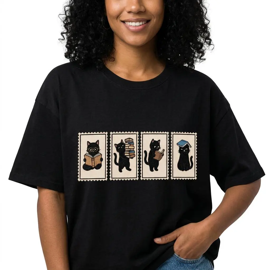 Black Cat Book Lover Shirt Women Cute Reader Graphic Tee Plus Size