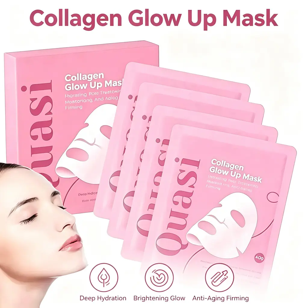 Quasi BioCollagen Glow Up Mask 2.0, Firming Deep Hydrating Face Mask for Wrinkle Reduction, Pore Minimization & Glass Skin Effect (2 Box × 8Pcs)