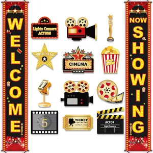 Movie Night Porch Sign Banner 12 count Movie Signs Cards for  Film Backdrop Party Decoration Welcome Now Showing Door  Banner Night Cutouts for Theater Photography Family Party Supplies