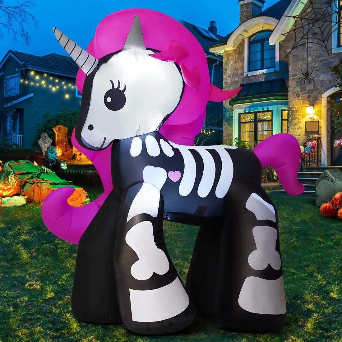 GOOSH 5.2 FT Halloween Inflatable Unicorn Skeleton Outdoor Blow Up Decoration with Built-In LED Lights