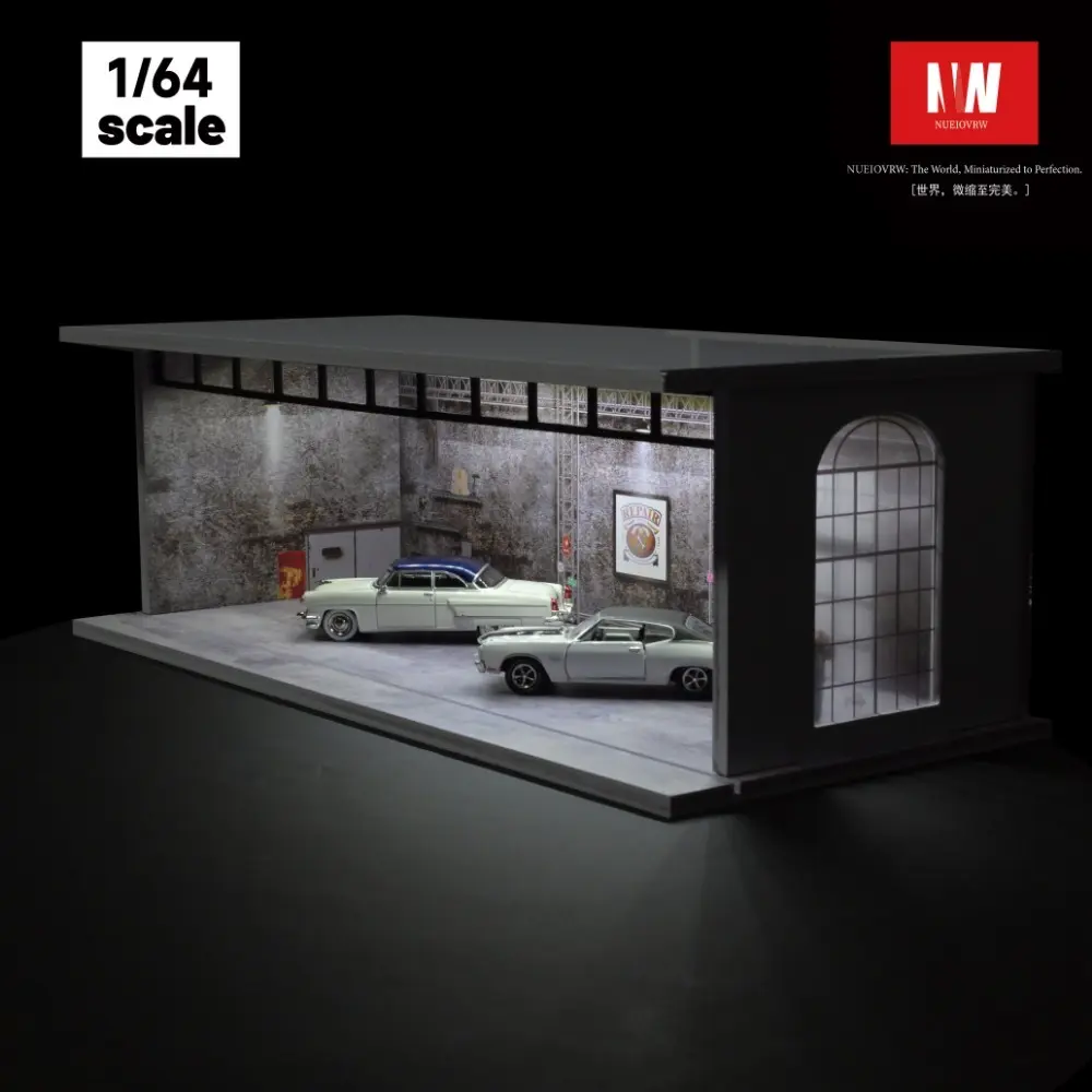 1/64 Scale Diorama Car Garage Model with 3-Color LED Lighting - 30*13.3*10cm Collector Set, City Simulation Backdrop (City Street, Industrial Parking Lot), House Decoration, Toy Gift for Model Enthusiasts