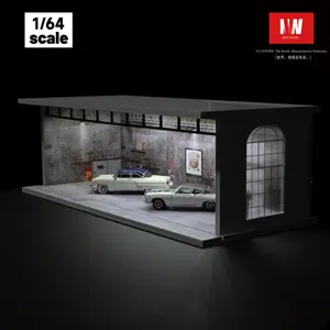 Diorama 1/64 Scale Car Garage Model LED Lighting City Street Industrial Car Parking Lot Repair Workshop Backdrop Scene Display Model Collection Gift Toy